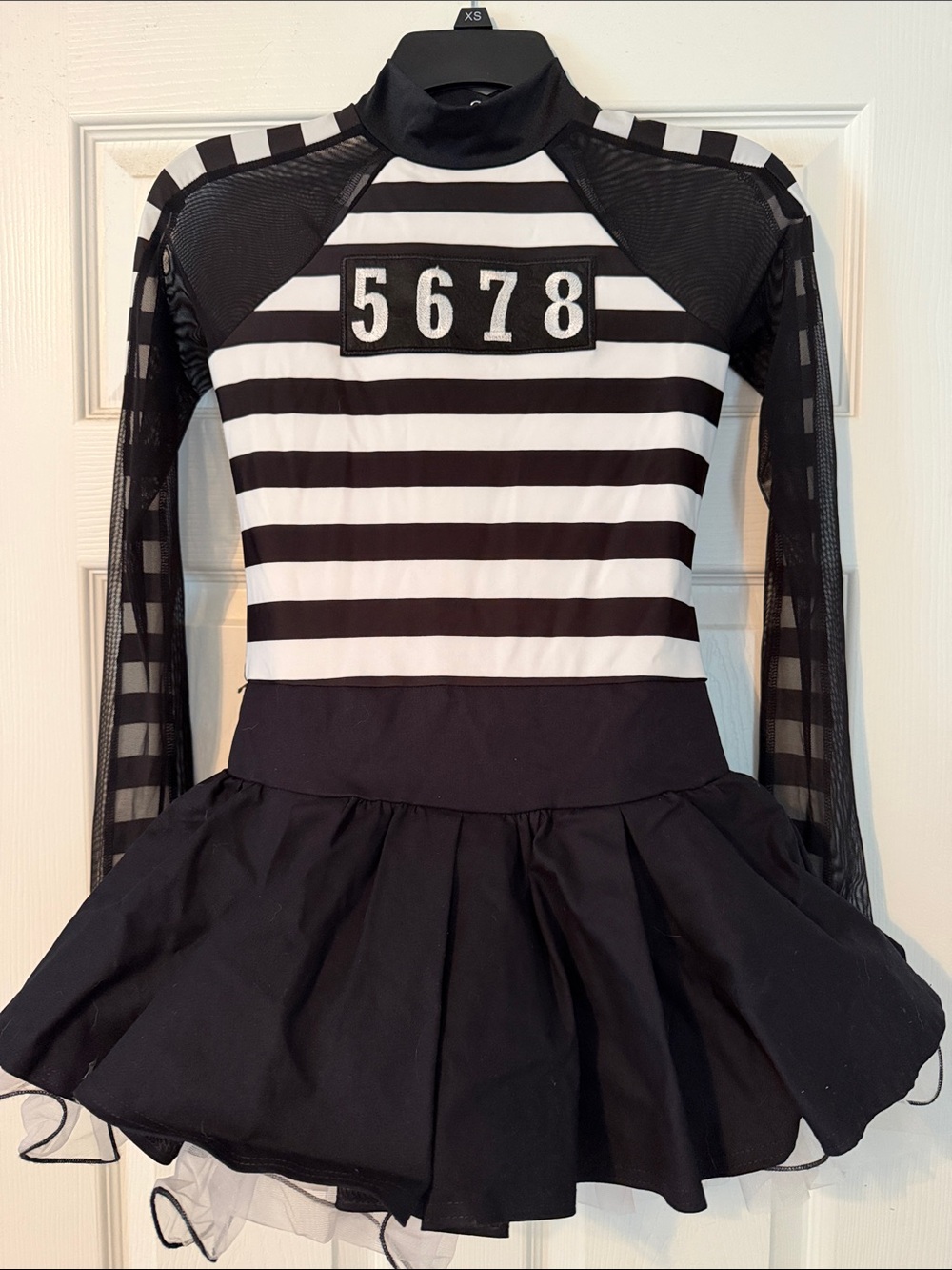 Weissman Black and White Striped Prisoner Dress with Mesh Sleeves